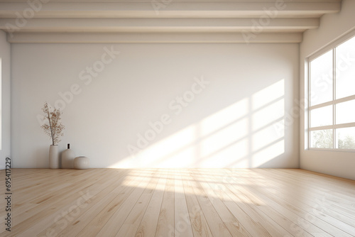 Minimalist living room interior with wooden flooring and stylish decor on a large wall, serving as a great backdrop for photography or design presentations. Generative AI.