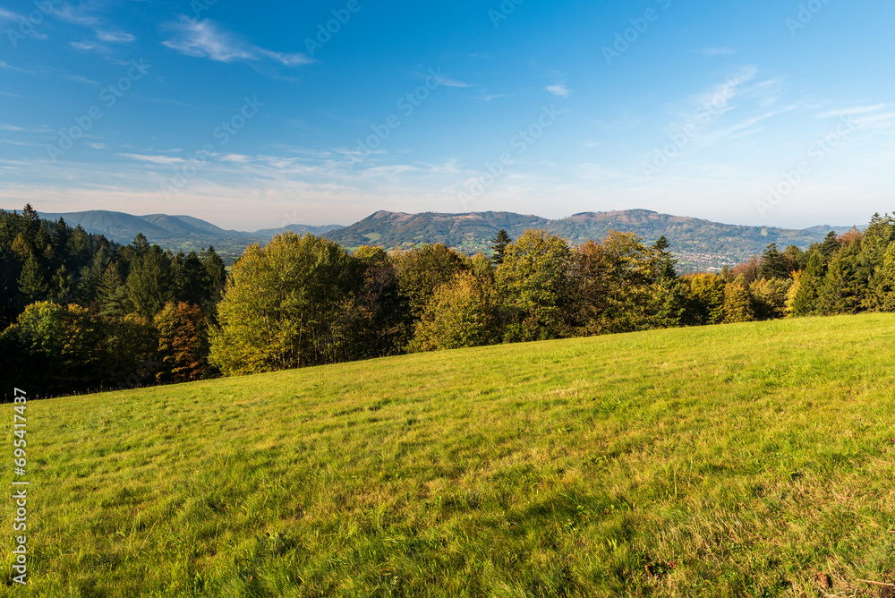 View from meadow above Malenovice village in Moravskoslezske Beskydy mountains in Czech republic
