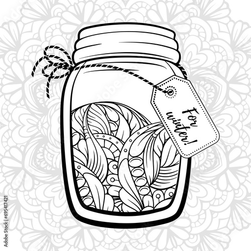 Mason jar with floral doodles content. Summer memoris antistress colorin page. Black and white vector graphic. photo