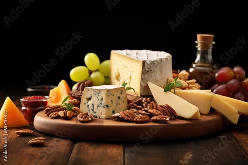  a variety of cheeses  nuts  and fruit on a wooden platter with a bottle of ketchup and a glass of wine on a black background.