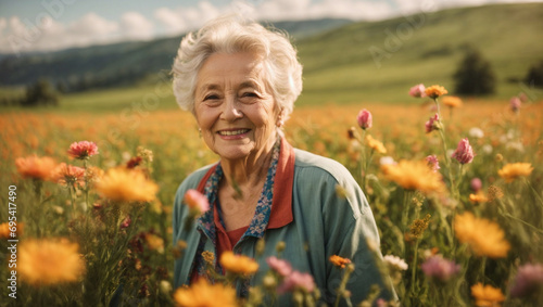 Bella signora pensionata di 80 anni felice in un prato fiorito pieno di fiori colorati in primavera