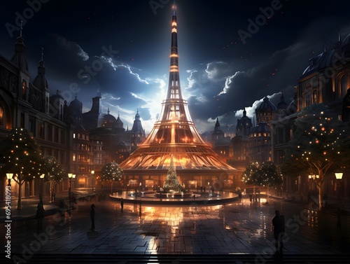 Eiffel Tower at night in Paris, France. 3D rendering