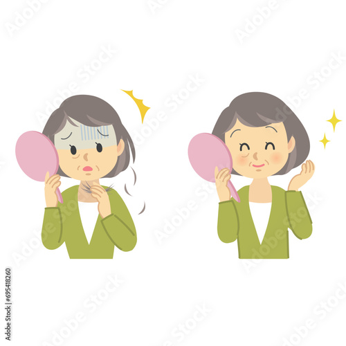 イラスト素材セット：ヘアケア　シニア女性が抜け毛と薄毛による老化を鏡で見て悩む姿　ビフォーアフター
