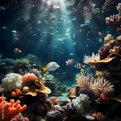 Underwater view of coral reef with tropical fish and rays of light