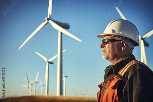 AI generated image of side view of serious engineer mature man standing with helmet and glasses while looking away and working at the renewable wind turbine site photo