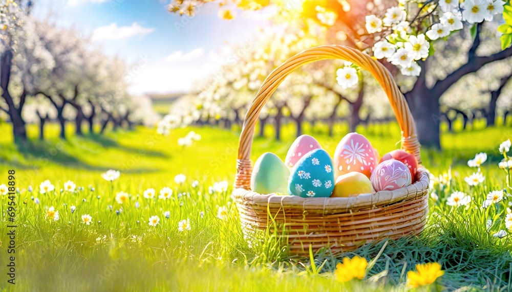 Korb mit Ostereiern in einer schönen Frühlingslandschaft Korb mit Ostereiern in einer schönen Frühlingslandschaft