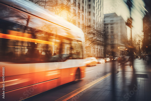 Generative AI illustration of modern tram in motion on a bustling city avenue at sunset with pedestrians and cars in motion blur photo