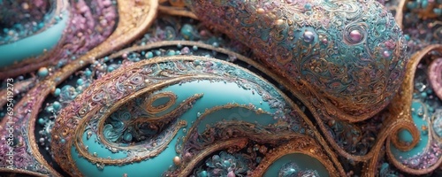 a close up of some blue and gold ornaments