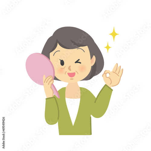 イラスト素材セット：ヘアケア　シニア女性がヘアスタイルを鏡で見て喜ぶ姿、毛染め後　ビフォーアフター
