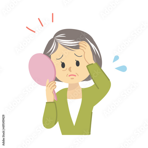 イラスト素材セット：ヘアケア　シニア女性が白髪で老化を鏡で見て悩む姿、毛染め前　ビフォーアフター
