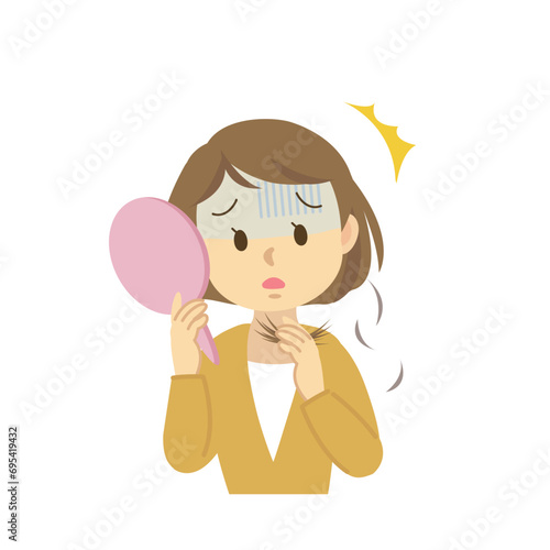イラスト素材セット：ヘアケア　若い女性が抜け毛や薄毛で老化を感じ鏡で見て悩む姿　　ビフォーアフター
