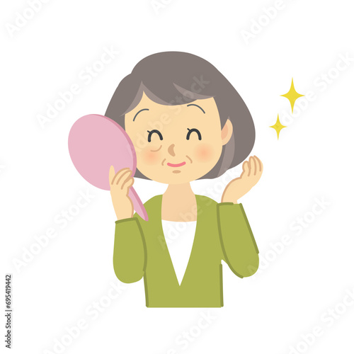 イラスト素材セット：ヘアケア　シニア女性の抜け毛と薄毛の悩みが解決して鏡を見て笑う姿　アフター
