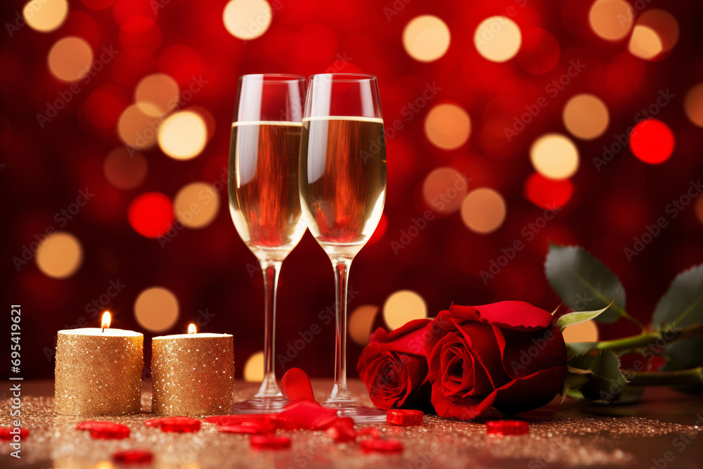 Two glasses of sparkling wine lit candles and red roses on festive bokeh background. Valentine day anniversary birthday event celebration Two glasses of sparkling wine lit candles and red roses on festive bokeh background. Valentine day anniversary birthday event celebration