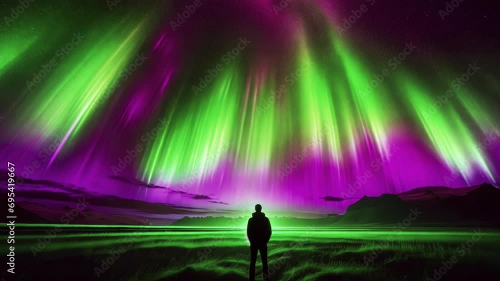 Figure standing under vivid 3D animated aurora lights in a striking mountainous landscape. Figure standing under vivid 3D animated aurora lights in a striking mountainous landscape.