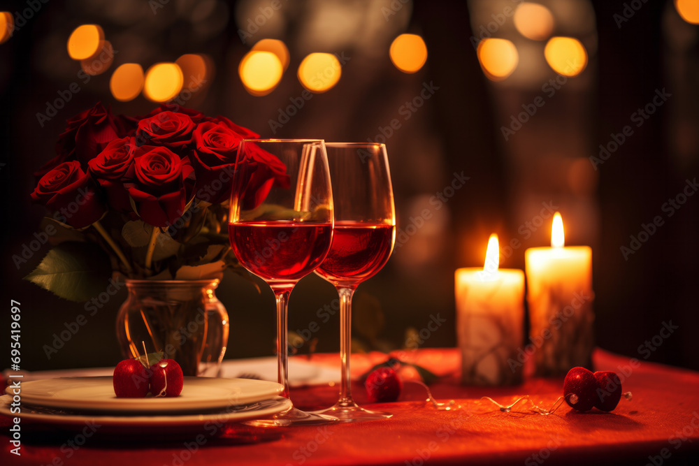 Glasses of red wine candles and bouquet of roses on romantic evening background. Valentine day anniversary birthday event celebration Glasses of red wine candles and bouquet of roses on romantic evening background. Valentine day anniversary birthday event celebration