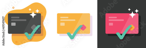 Credit bank card payment success passed icon vector graphic set illustration, wallet pay check mark flat cartoon symbol modern design, confirm verified checkmark digital money transfer image photo