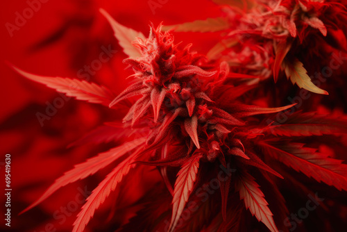 Up-Close Cannabis Beauty on Scarlet Canvas