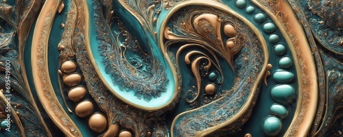 a blue and gold abstract background with a swirly pattern photo