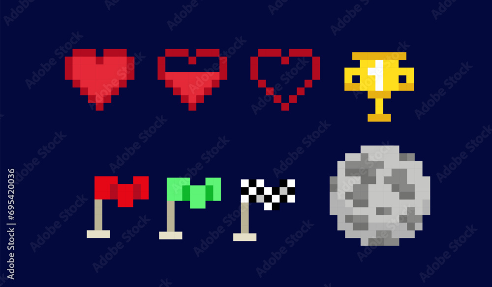 Obraz premium Set of 8bit pixel art game asset. Colorful retro icons with health hearts, winner cup, flags and moon. Design elements for GUI of space game. Cartoon flat vector collection isolated on dark background