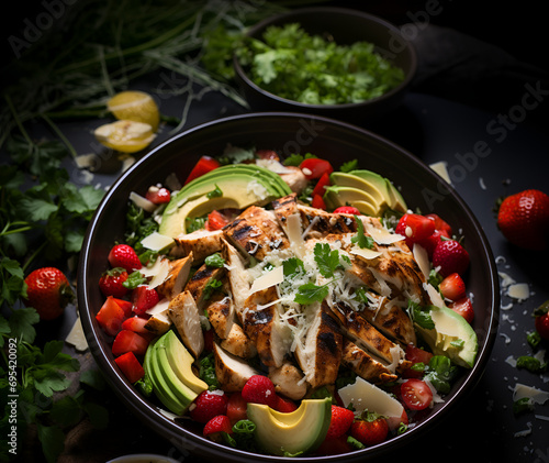Grilled Chicken Caesar Extravaganza with Fresh Lettuce and a Mosaic of Ingredients like strawberry, avocados, coriander and sauce, Each Bite is a Celebration of Flavor