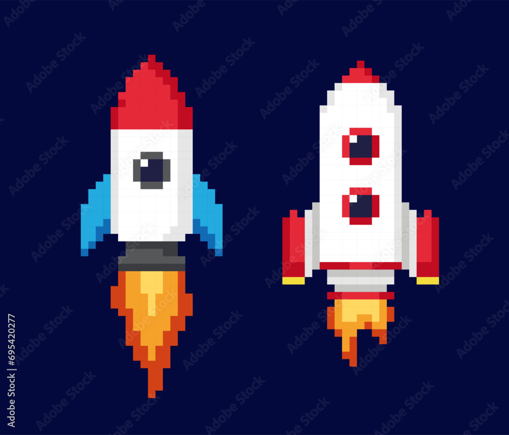 Set of 8bit pixel art game asset. Retro icons with spaceships, rockets ...