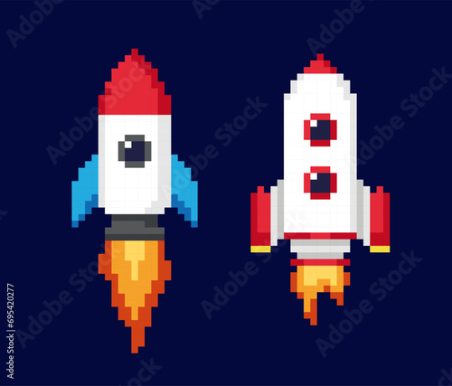 Set of 8bit pixel art game asset. Retro icons with spaceships, rockets or starships in outer space. Design for video game about universe. Cartoon flat vector collection isolated on dark background