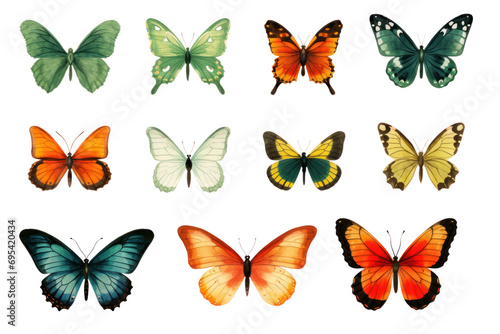 Set of rainbow colored butterflies spreading wings ,On a transparent background. Isolated.
