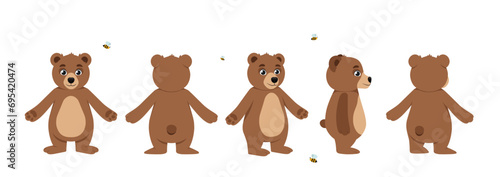 Set of Character Constructor for Animation. Body of cute wild animal or beast from front, back and side. Adorable bear in different poses. Cartoon flat vector collection isolated on white background