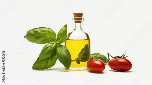 Basil leaves with tomatoes and olive oil on white baground. Ai generative