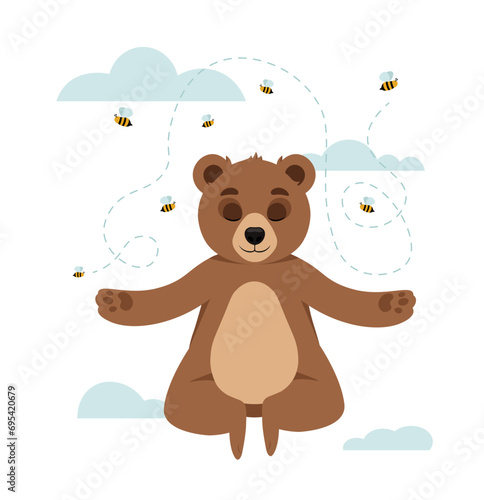 Portrait of cute grizzly bear. Adorable smiling teddy bear in lotus position flies among clouds. Poster with funny wild animal. Design element for children room. Cartoon flat vector illustration