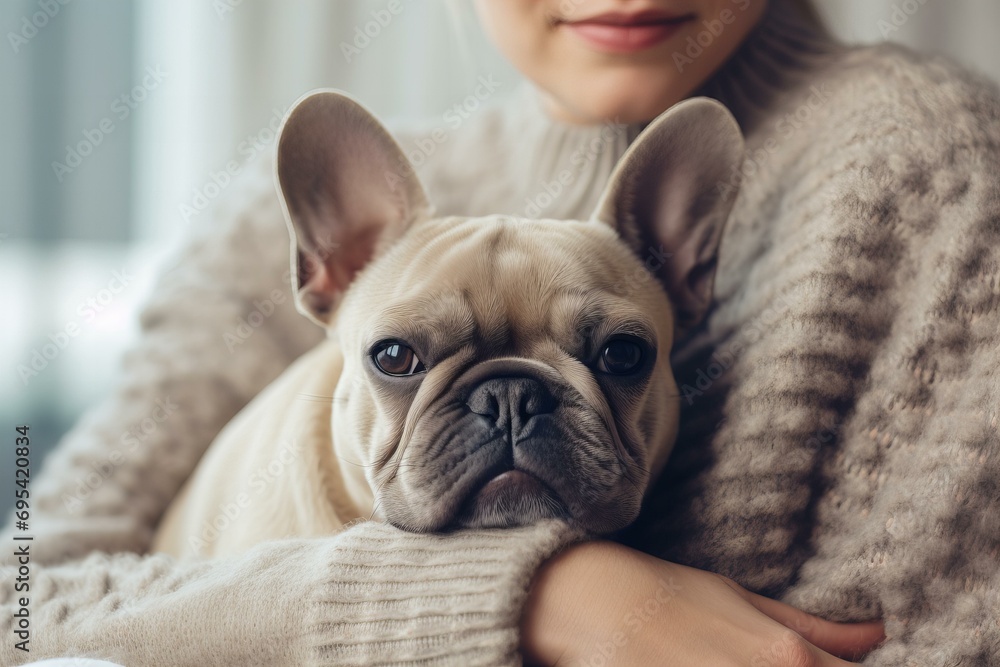 a woman in neutral color cosy sweater sitting in the armchair with French Bulldog cuddling in her lap, cosy vibes, close up macro detail