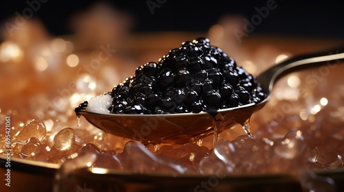 Black caviar on ice with pearl spoon. Ai generative photo