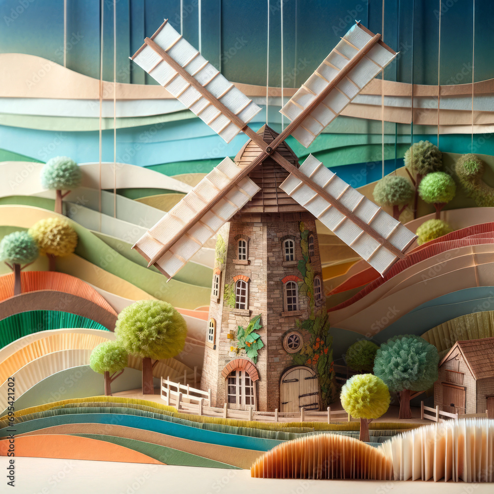 A paper and fabric re-creation of an old-fashioned windmill with paper sails. - obrazy, fototapety, plakaty 