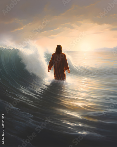 Back view of Jesus Christ walking on water at sea.