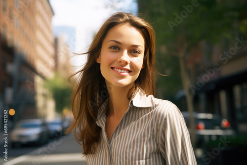 Smiling Businesswoman Embracing City Life in Casual Attire