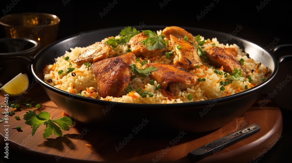 chicken over rice in aluminum bowl. Ai generative