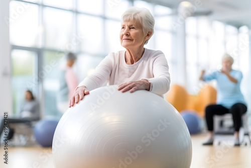 Senior Caucasian woman doing exercise with a swiss ball at a gym photo