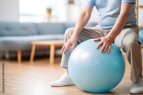 Caucasian senior doing exercise with a swiss ball at a gym