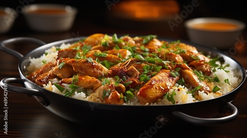 chicken over rice in aluminum bowl. Ai generative photo