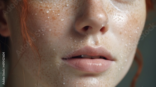 Close-up of female face with freckled skin. Ai generative