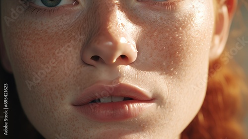 Close-up of female face with freckled skin. Ai generative
