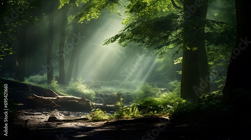 Panoramic view of a forest with sunbeams passing through