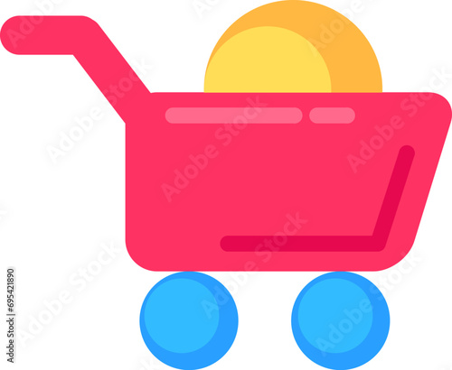 Market trolley on wheels filled with money. Additional service for buyer. Delivery transportation and ordering goods in online stores. Simple Flat vector isolated on white background