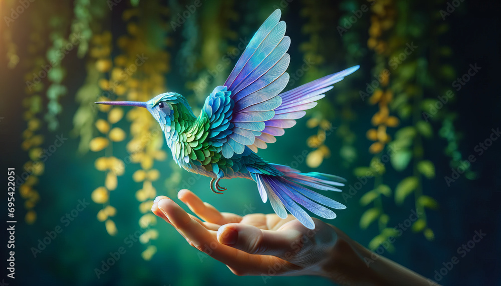 Fototapeta premium A hummingbird in flight, with wings fashioned from delicate, translucent paper in a 16_9 ratio, realistic and suitable for a best-seller on Adobe Stoc.