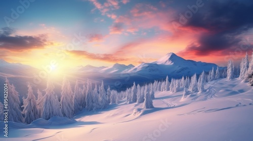 Fantastic sunrise in the mountains. Fresh snow. Ai generative