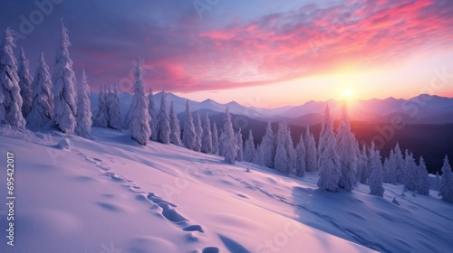 Fantastic sunrise in the mountains. Fresh snow. Ai generative © MinixT