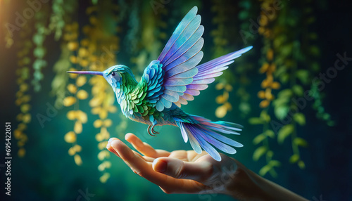 A hummingbird in flight, with wings fashioned from delicate, translucent paper in a 16_9 ratio, realistic and suitable for a best-seller on Adobe Stoc. photo
