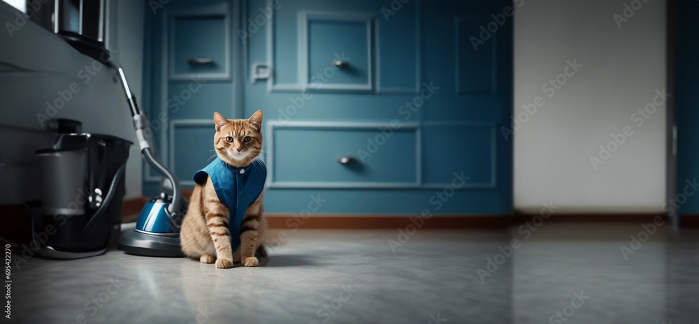 cat cleaning lady, concept of cleaning up after a pet. Cleaning company cat cleaner