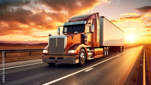 A long-haul semi-trailer is speeding down the highway to deliver a heavy load. Cargo transportation and logistics. Heavy truck.