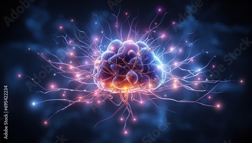 A brain with bright glowing neural connections on a dark background, symbolizing neural activity. The concept of neural networks and artificial intelligence